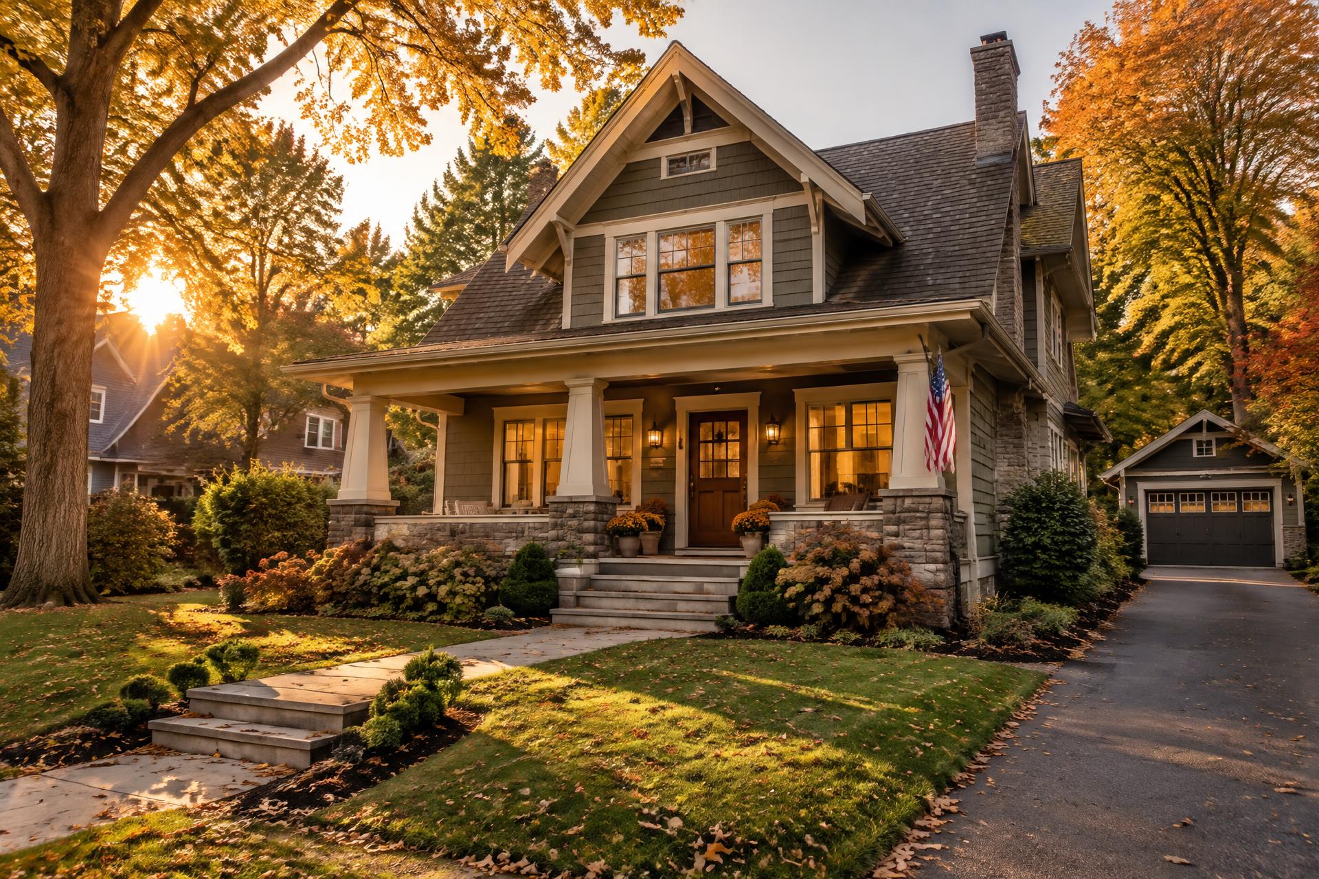 A craftsman home at golden hour in an upstate New York neighborhood