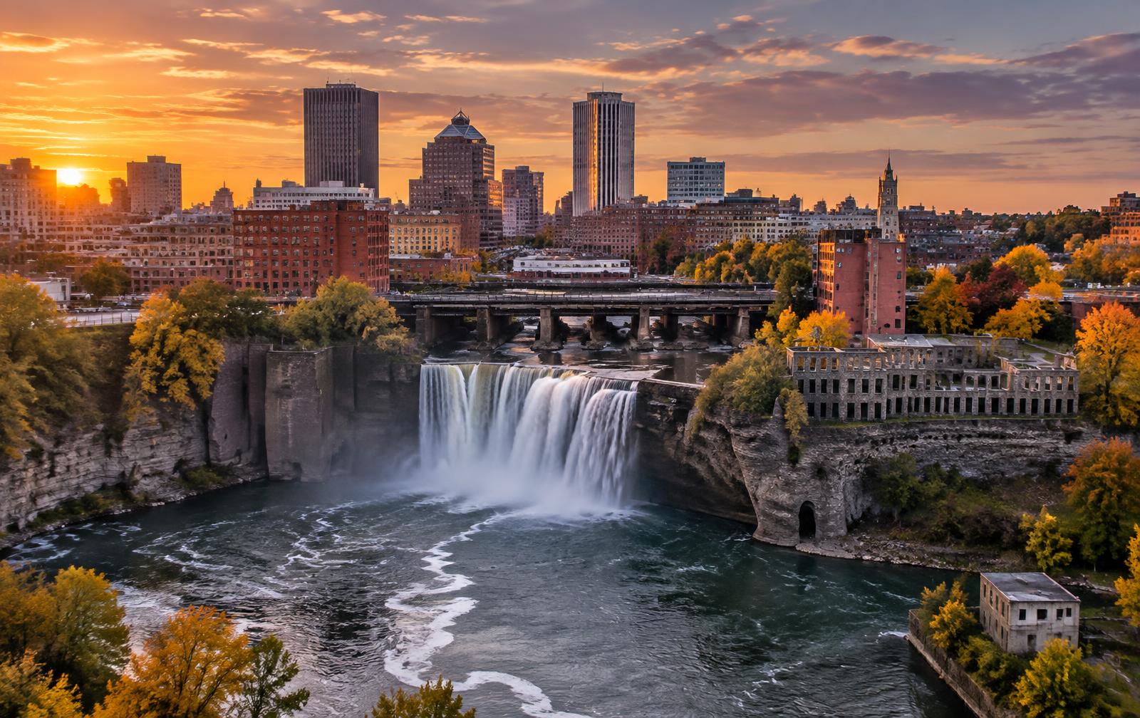 Rochester, New York skyline with High Falls on the Genesee River